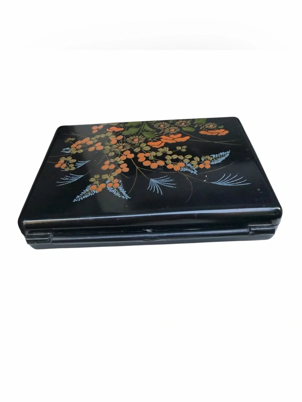 Vintage Hong Kong Black Lacquer Style Floral Jewelry Trinket Box Mirror